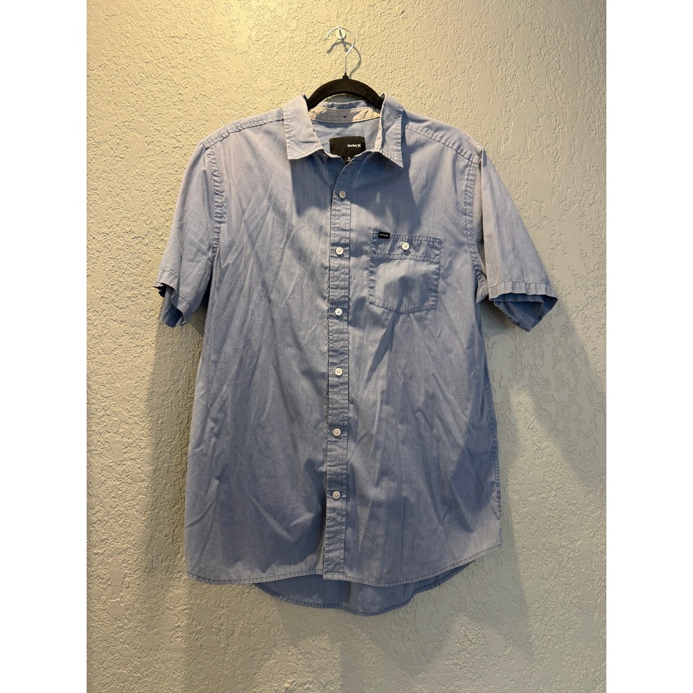 Hurley Mens Short Sleeve Button‎ Down Shirt Blue Cloud Wash Large Pocket Rainbow